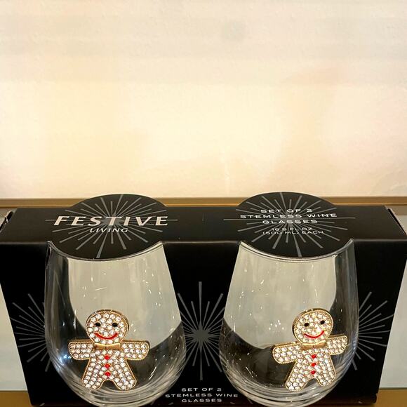 Christmas Jeweled GINGERBREAD Stemless Wine Glass Set of 2 Holiday Barware New - Picture 2 of 11
